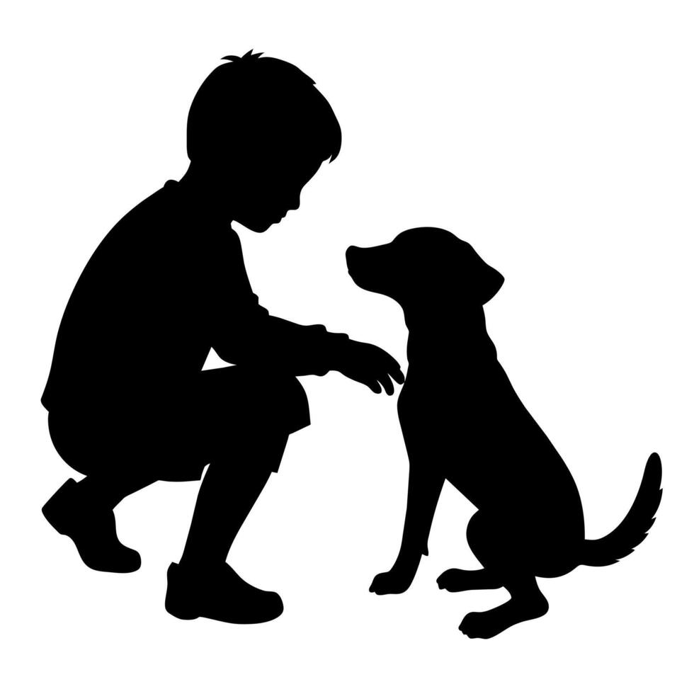 A silhouette of a boy kneeling down with a dog vector