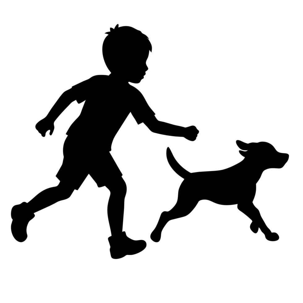 A silhouette of a boy and dog running together vector