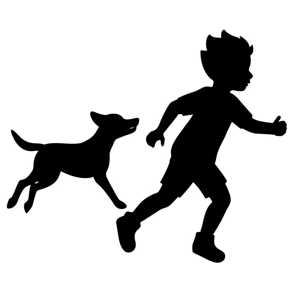 A silhouette of a boy running with a dog vector
