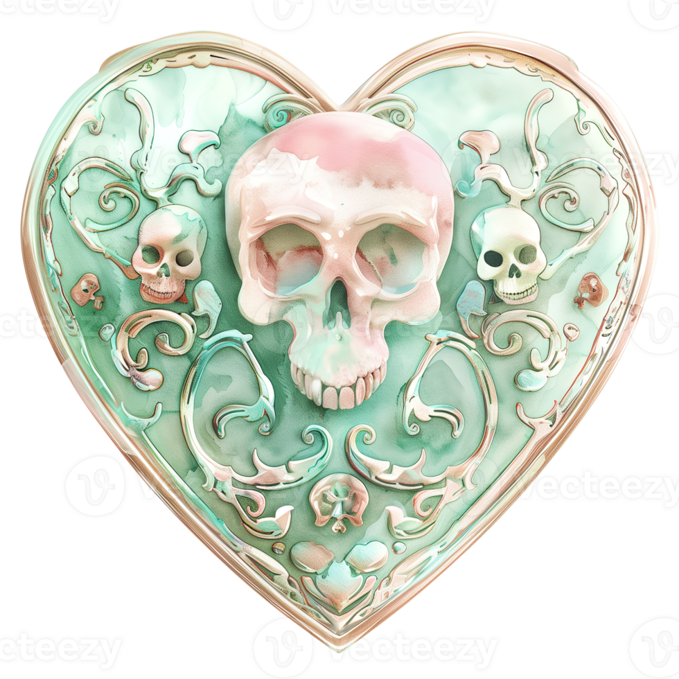Pastel Heart-Shaped Locket with Intricate Designs and Skulls png