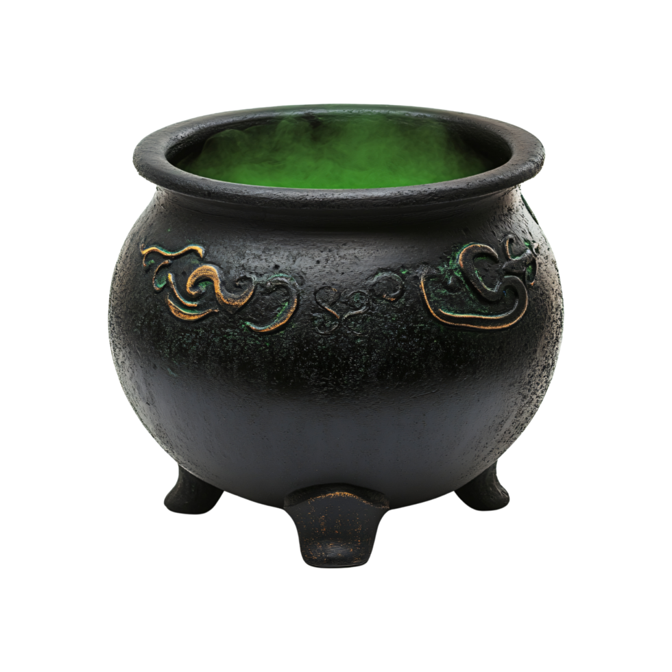 Magic witch cauldron with mysterious green poison smoke, black pot cooking dark spell ritual spooky Halloween isolated on transparent background png
