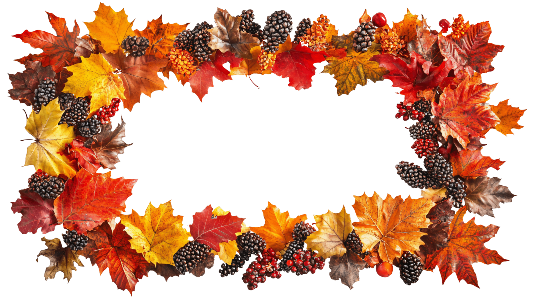 Border frame made of dense autumn leaves maple and oak varieties in warm red, yellow, and orange hues isolated on transparent background png