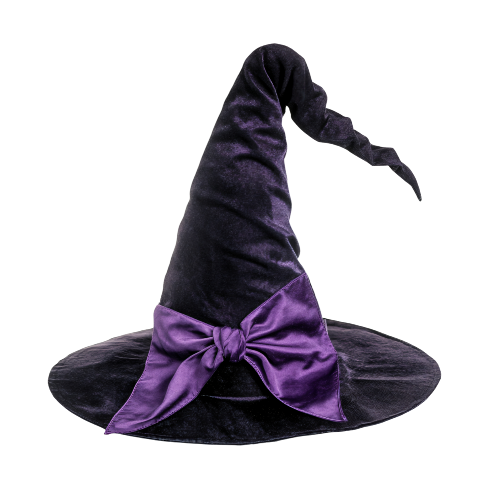 Halloween Witch wizards hat in black color with purple ribbon isolated on transparent background png