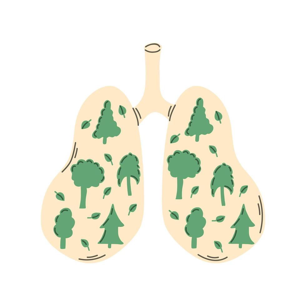 Clean human lungs, green planet lungs metaphor, good ecological condition flat illustration. Ecological information, ecology awareness for eco friendly concept, environment protection vector