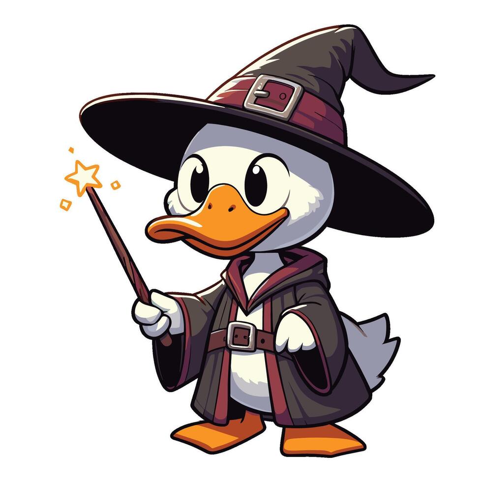 A cartoon duck dressed as a witch holding a wand vector
