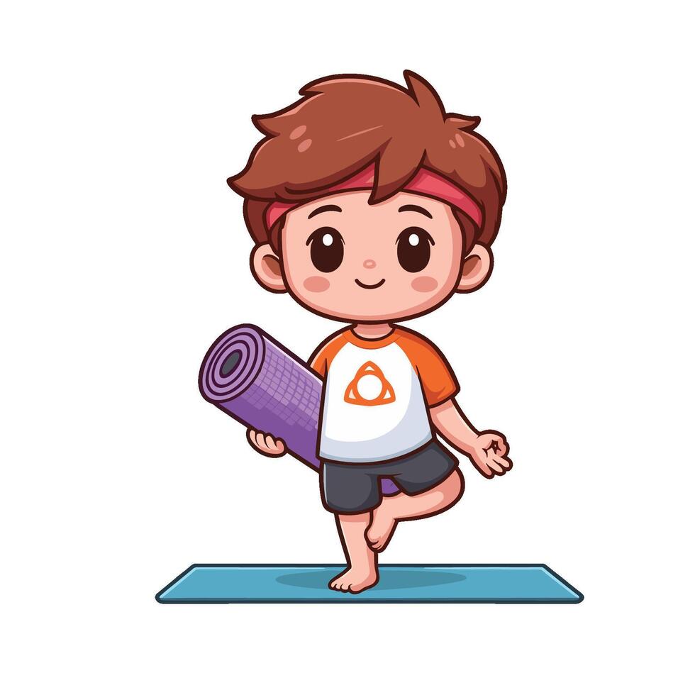 A cartoon boy doing yoga with a mat vector