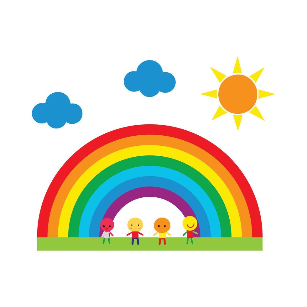 Sun, rainbow and kids vector