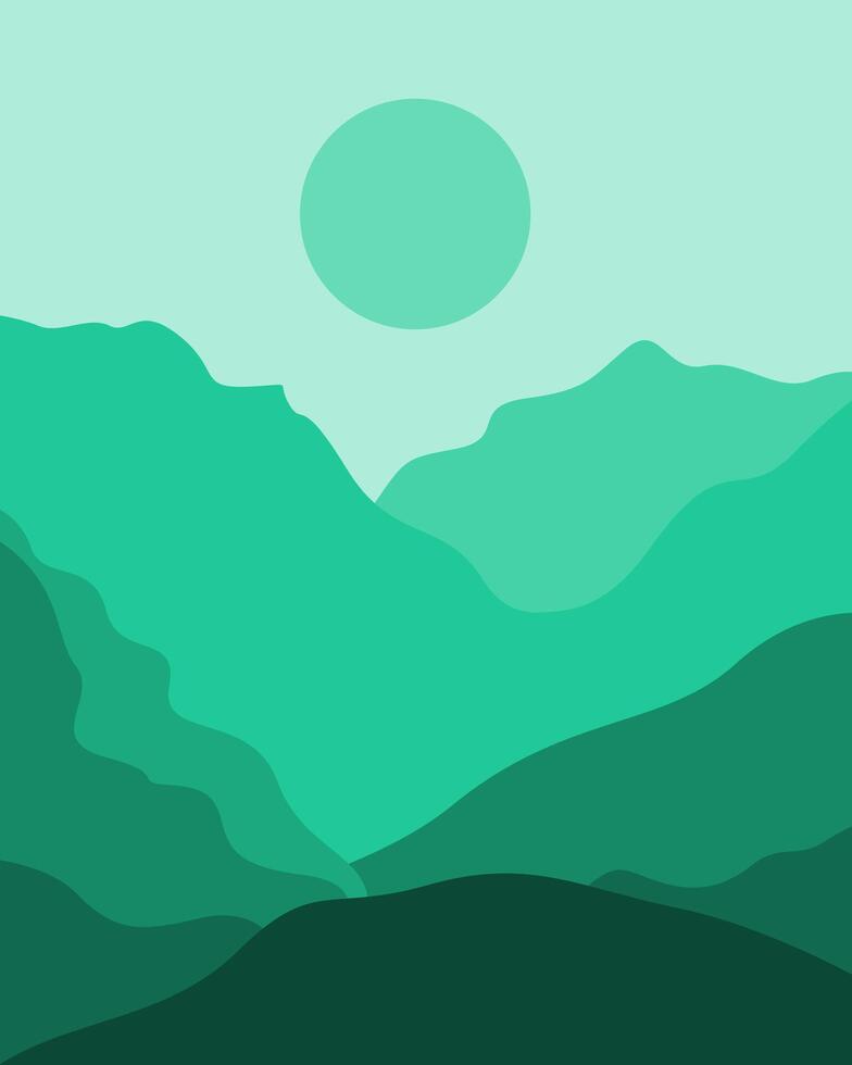 A green landscape with mountains and a sun vector