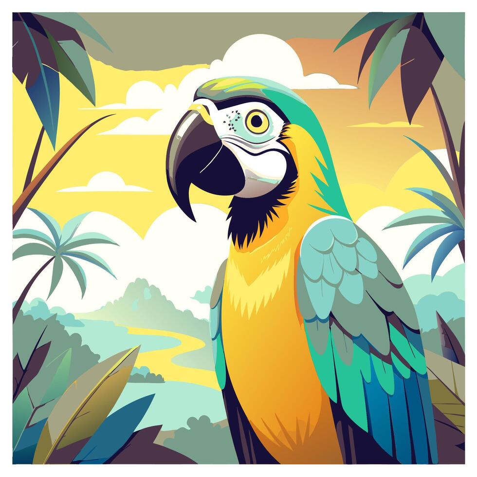 Beautiful color illustration with a parrot in the jungle sitting on a branch vector