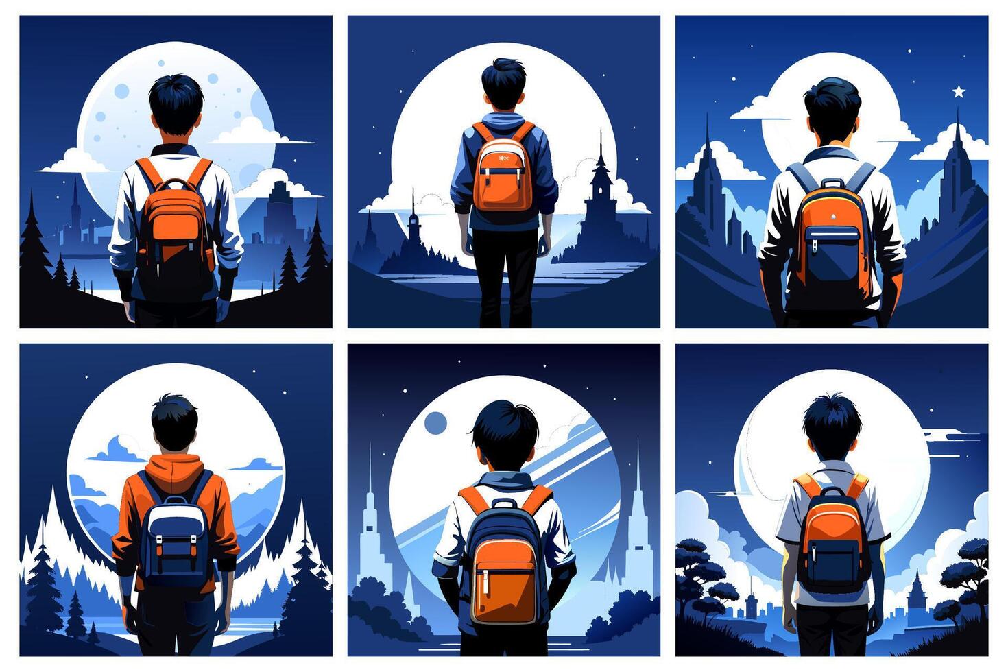 Set of illustrations on the autumn theme with a student and a backpack vector