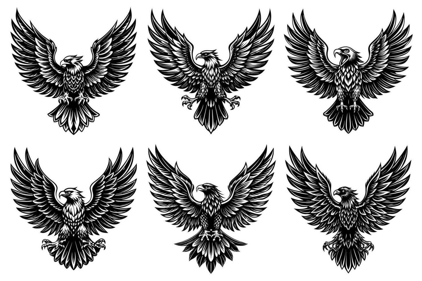 A set of images of a black eagle with spread wings vector