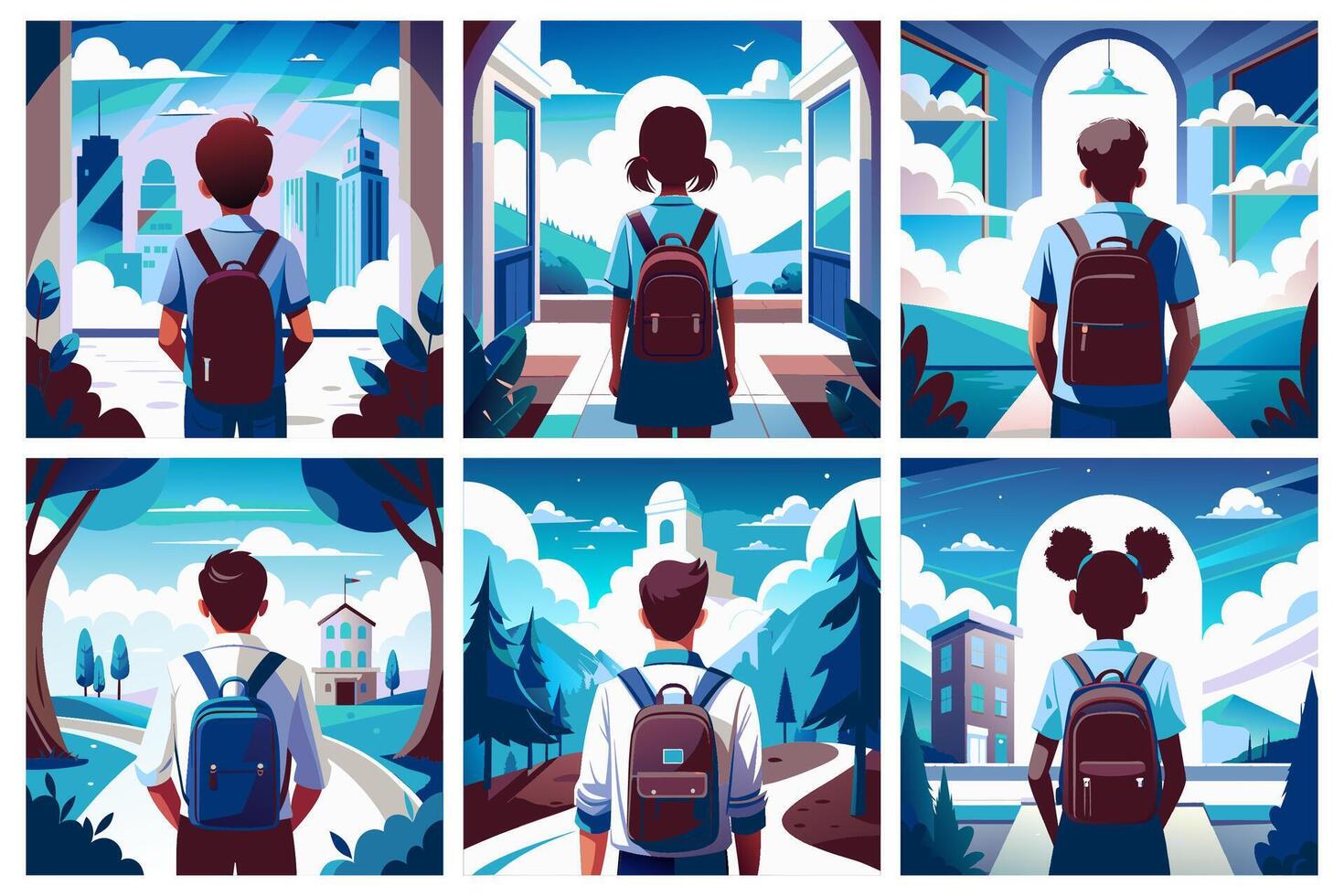 Set of color illustrations on the autumn theme with a student and a backpack vector