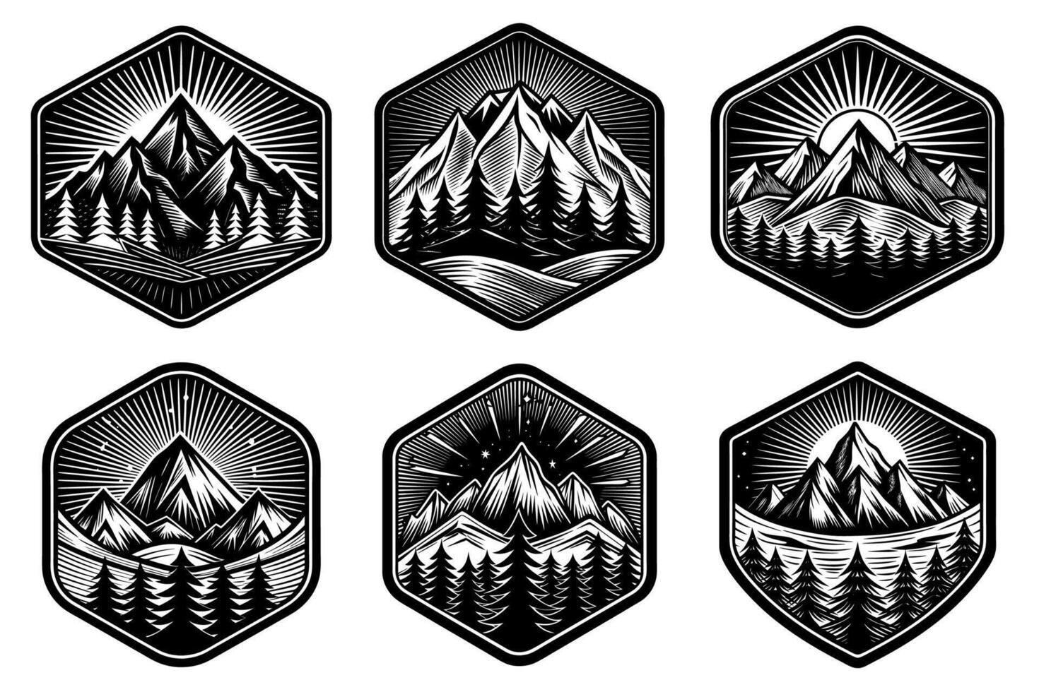Set of monochrome templates with mountains, forest and tent on white background vector