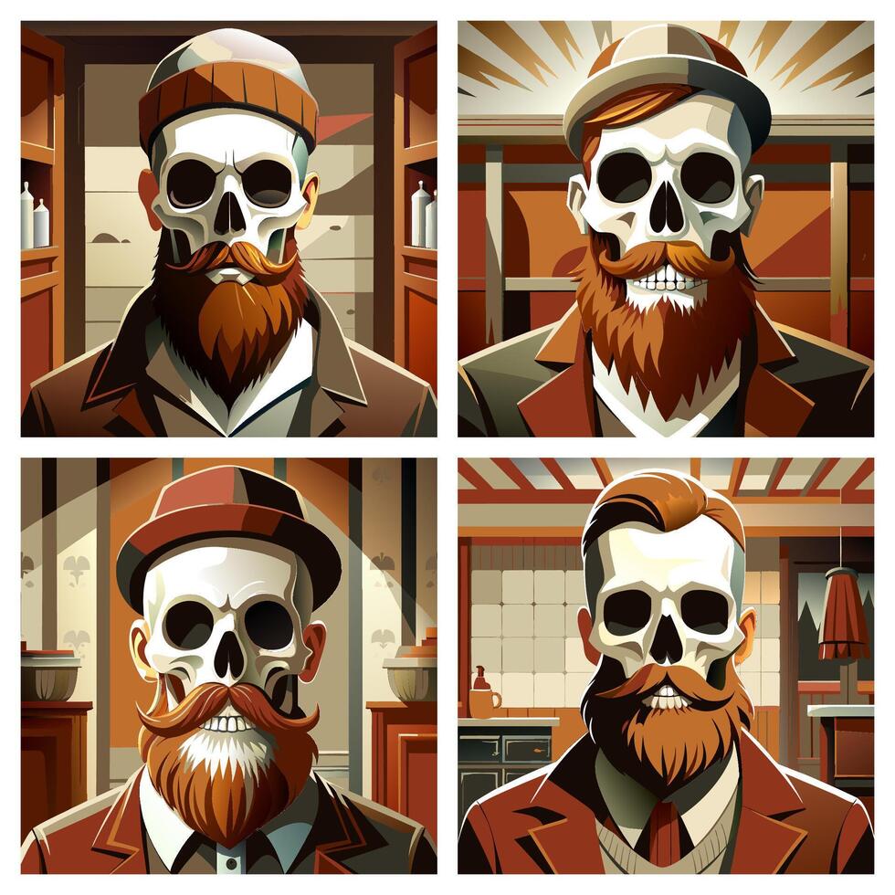 Set of color illustrations with hipster skull with beard vector