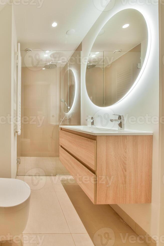 A bathroom with a toilet, sink and mirror photo