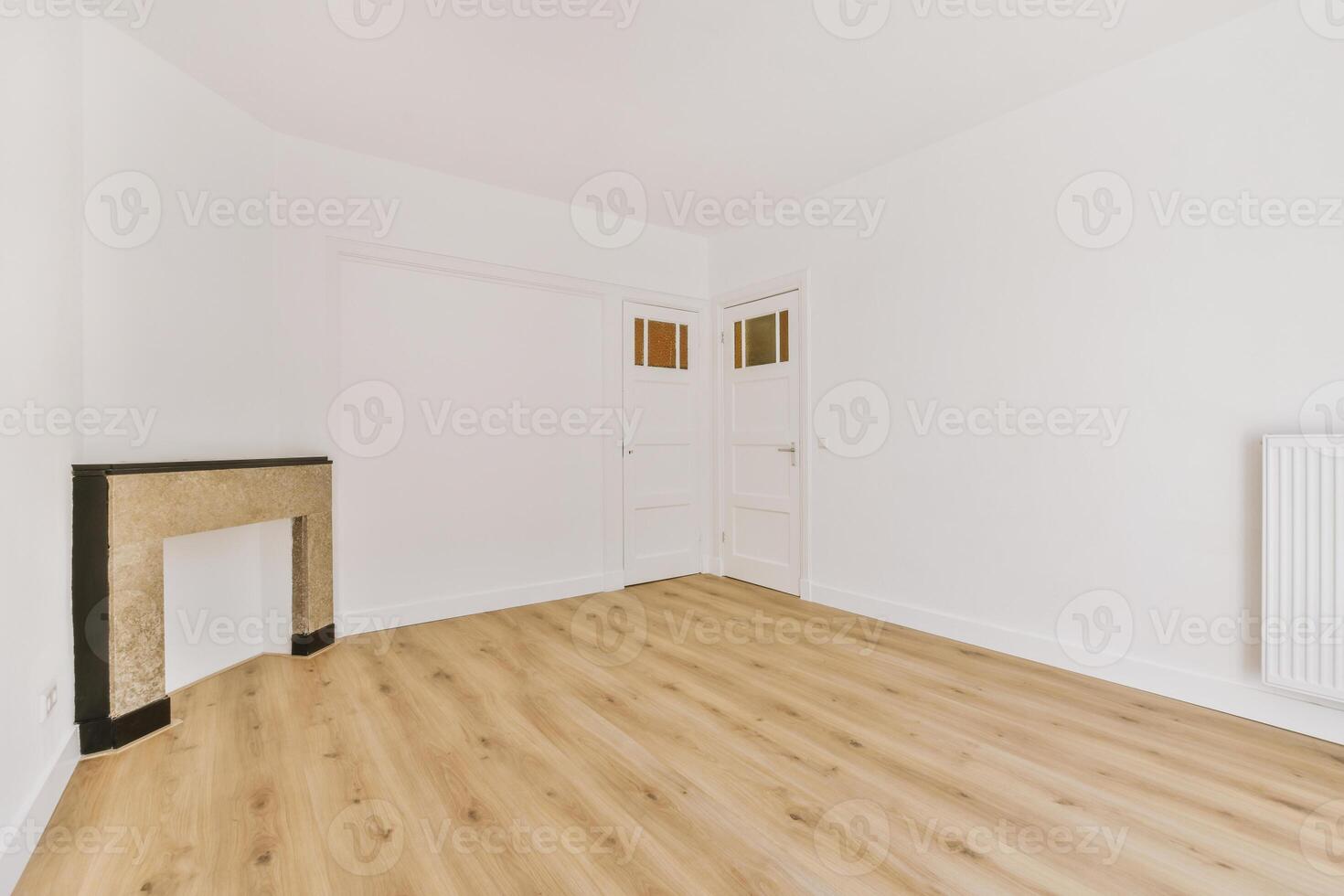 An empty room with a fireplace and wooden floors photo