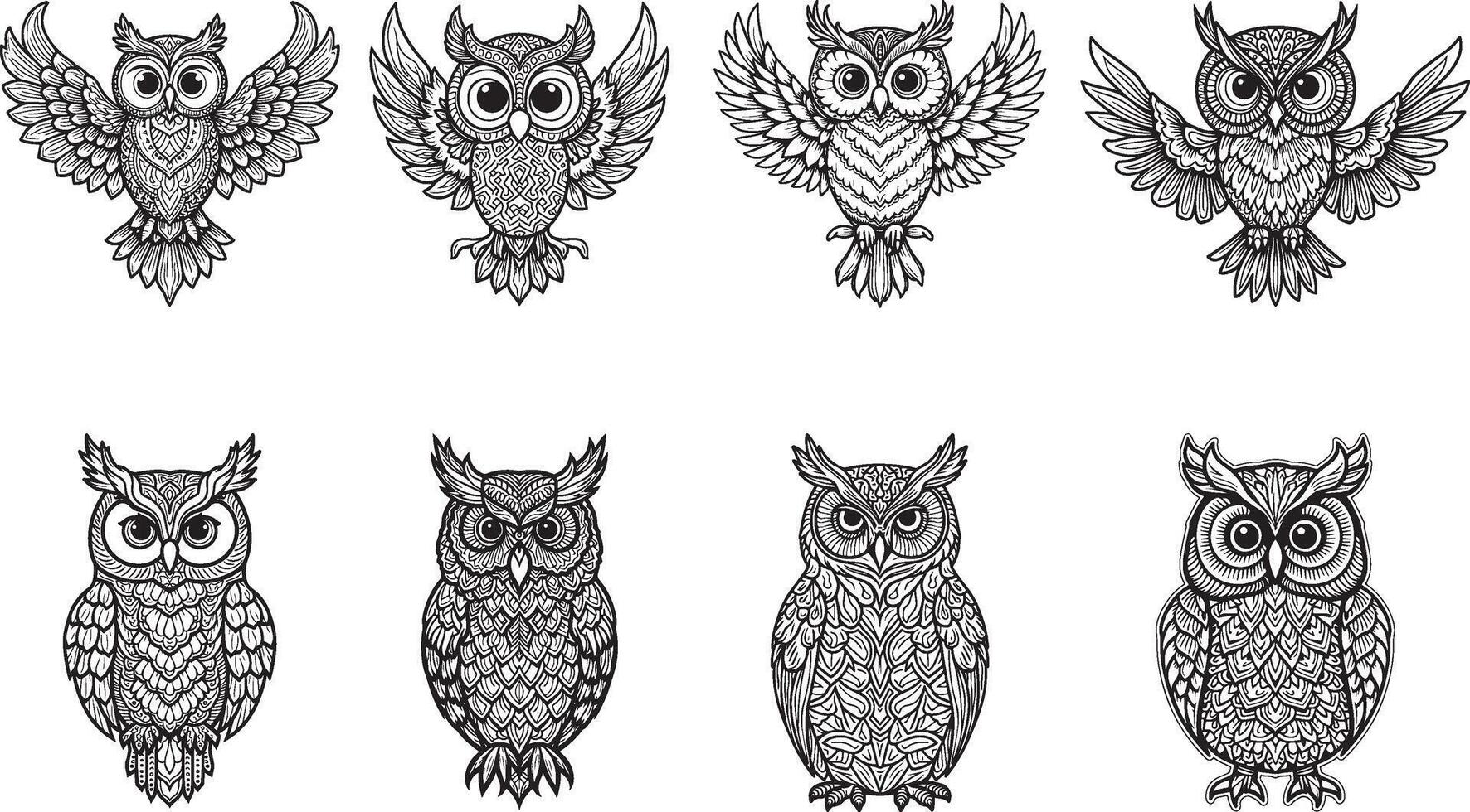 owl coloring page with a mandala pattern in lines on a white background, without shading or color in the outlines. vector