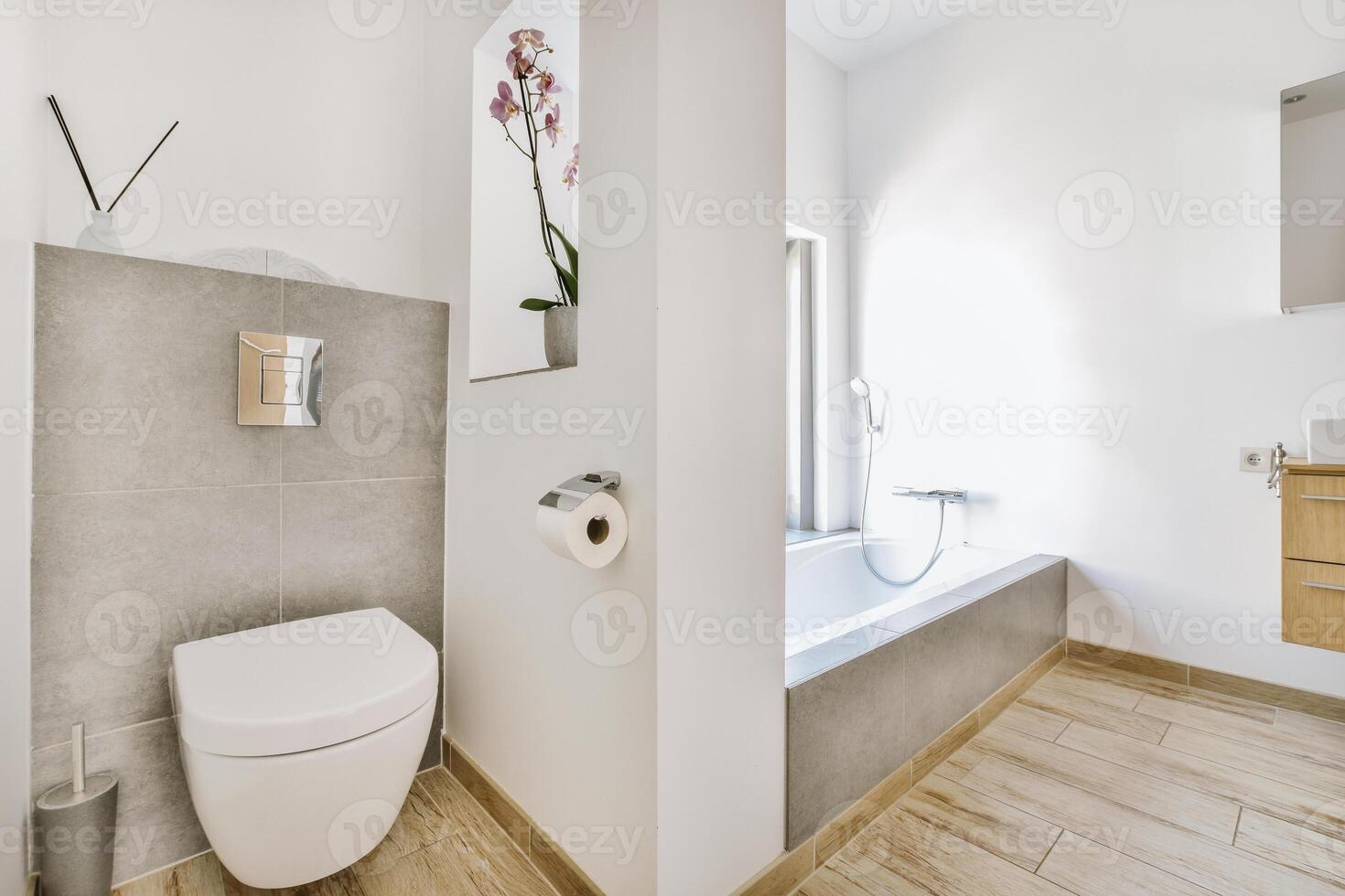 A bathroom with a toilet, sink and bathtub photo