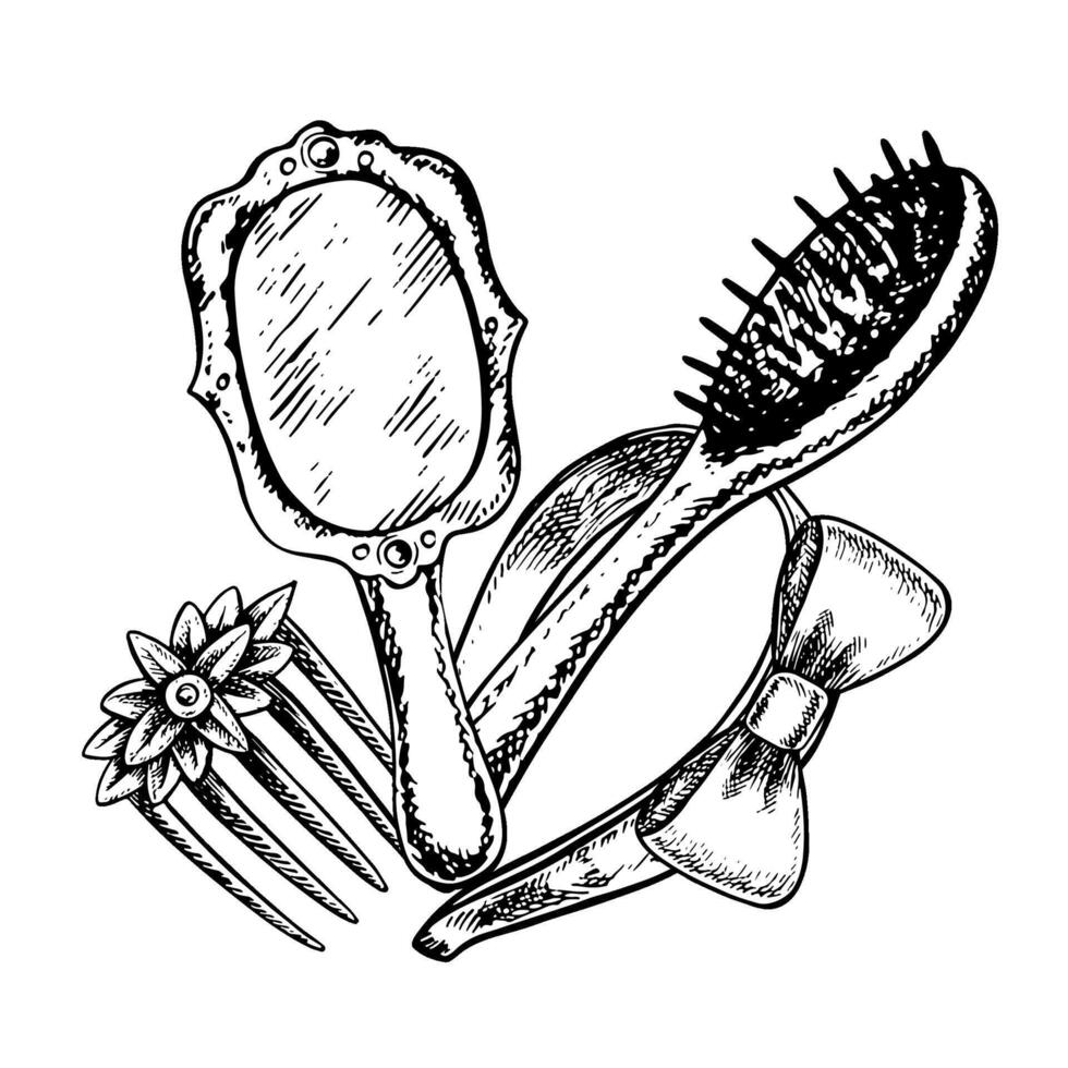 A set of hair accessories. Comb-hairpin, comb-brush, headband, mirror. A black and white illustration in the style of graphics, made by hand. The design elements isolates a white background vector