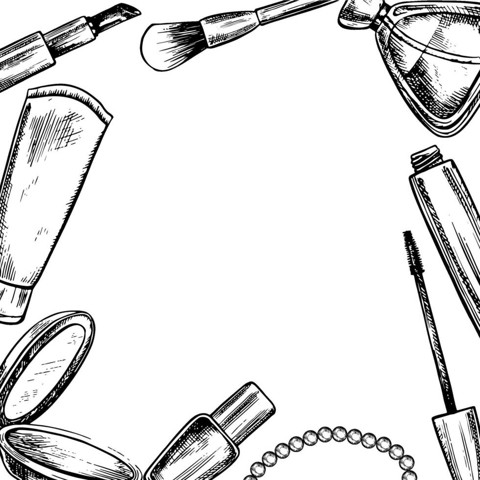 A frame with cosmetics, powder, mascara, lipstick, cream, perfume. Black and white graphics made by hand. On a white background. For postcards, packages and labels, flyers, posters and banners. vector