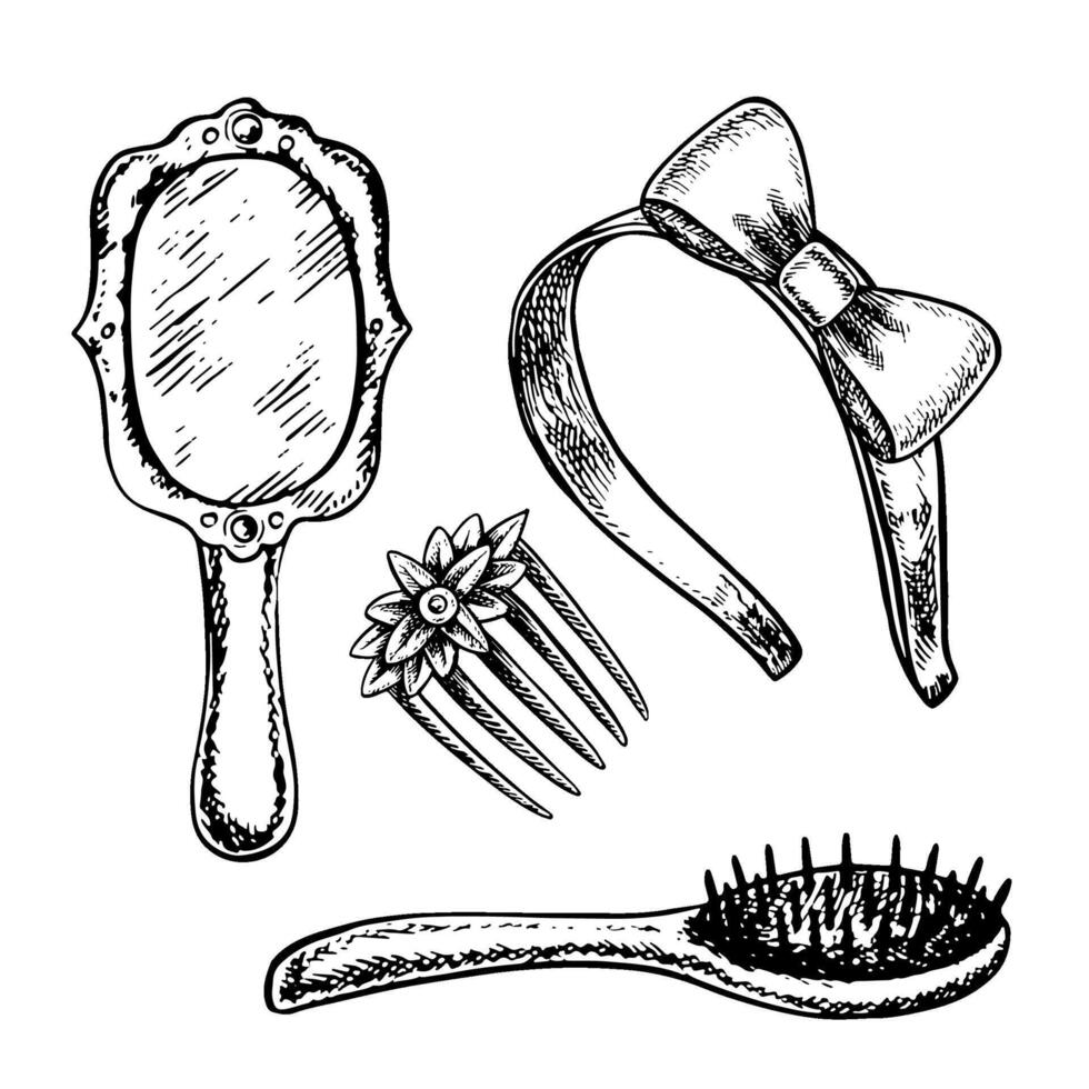 A set of hair accessories. Comb-hairpin, comb-brush, headband, mirror. A black and white illustration in the style of graphics, made by hand. The design elements isolates a white background vector