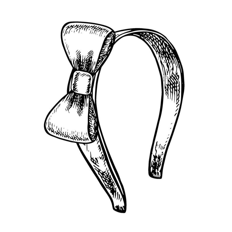 A hair band with a bow. Beauty and fashion. A black and white graphic illustration made by hand. A thin metal headband is a beauty accessory. Isolate on a white background. vector