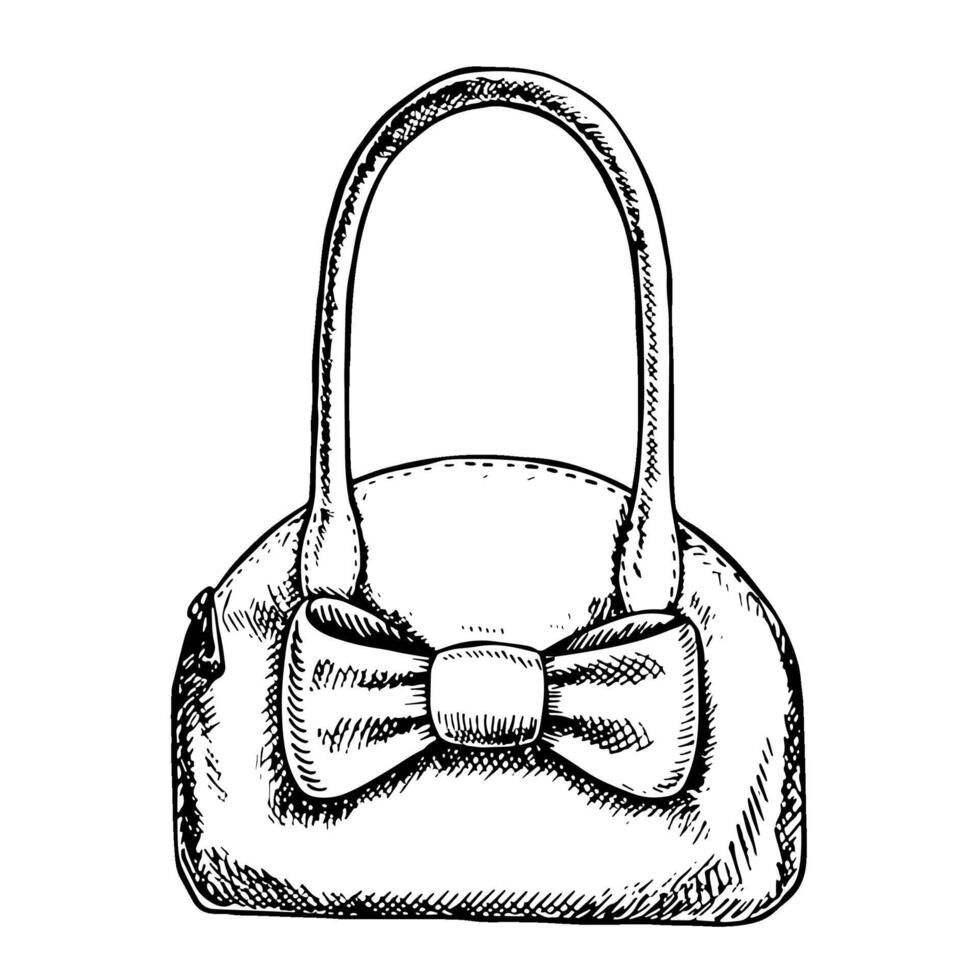 A handbag with a bow. A black and white graphic illustration made by hand. They stand out against a white background. A design element of fashion and beauty banners, flyers, posters and package vector