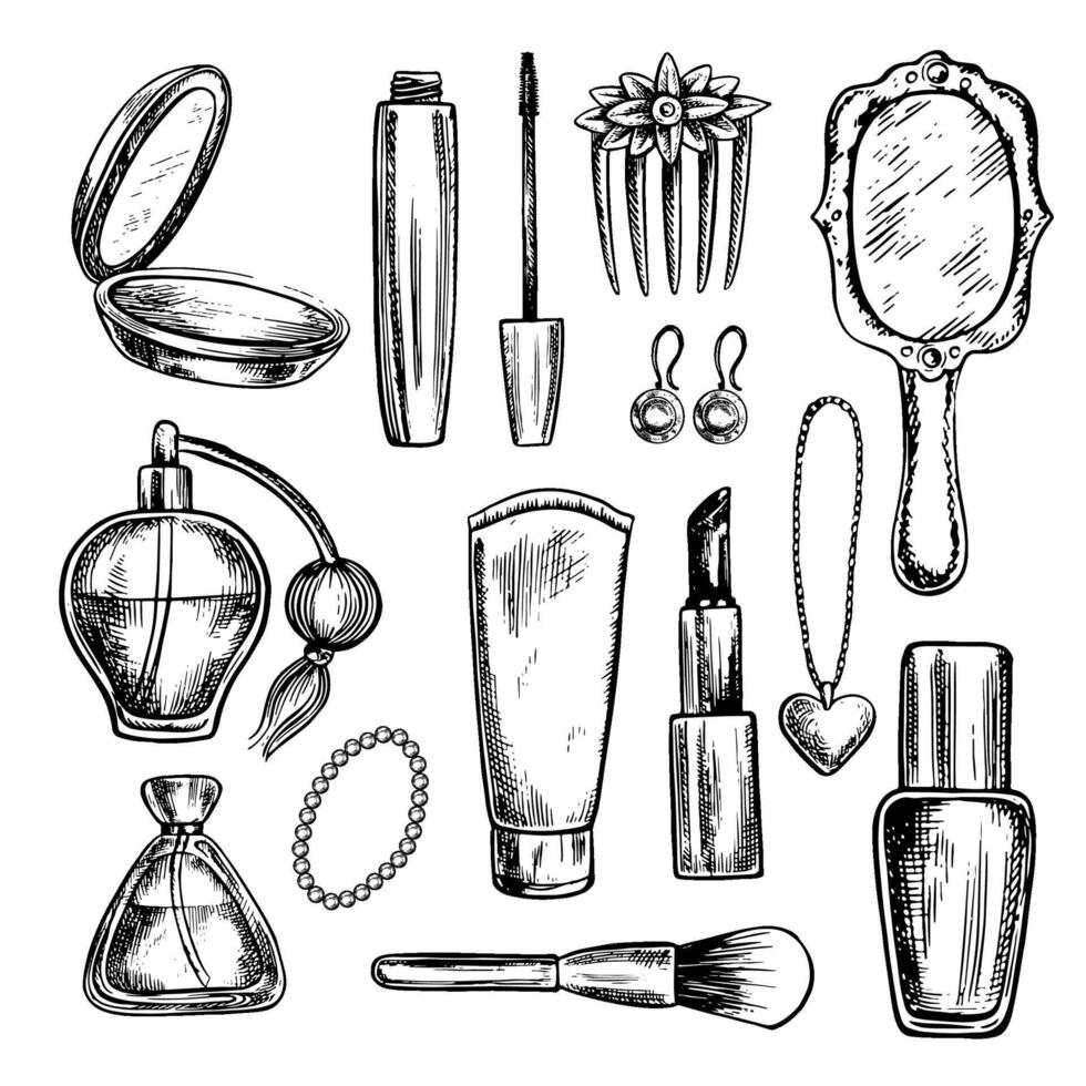 A set of clip art with cosmetics, powder, mascara, lipstick, cream, perfume, etc.. Black and white graphics made by hand. Illustrations on a white background. For packages and labels, flyers. vector