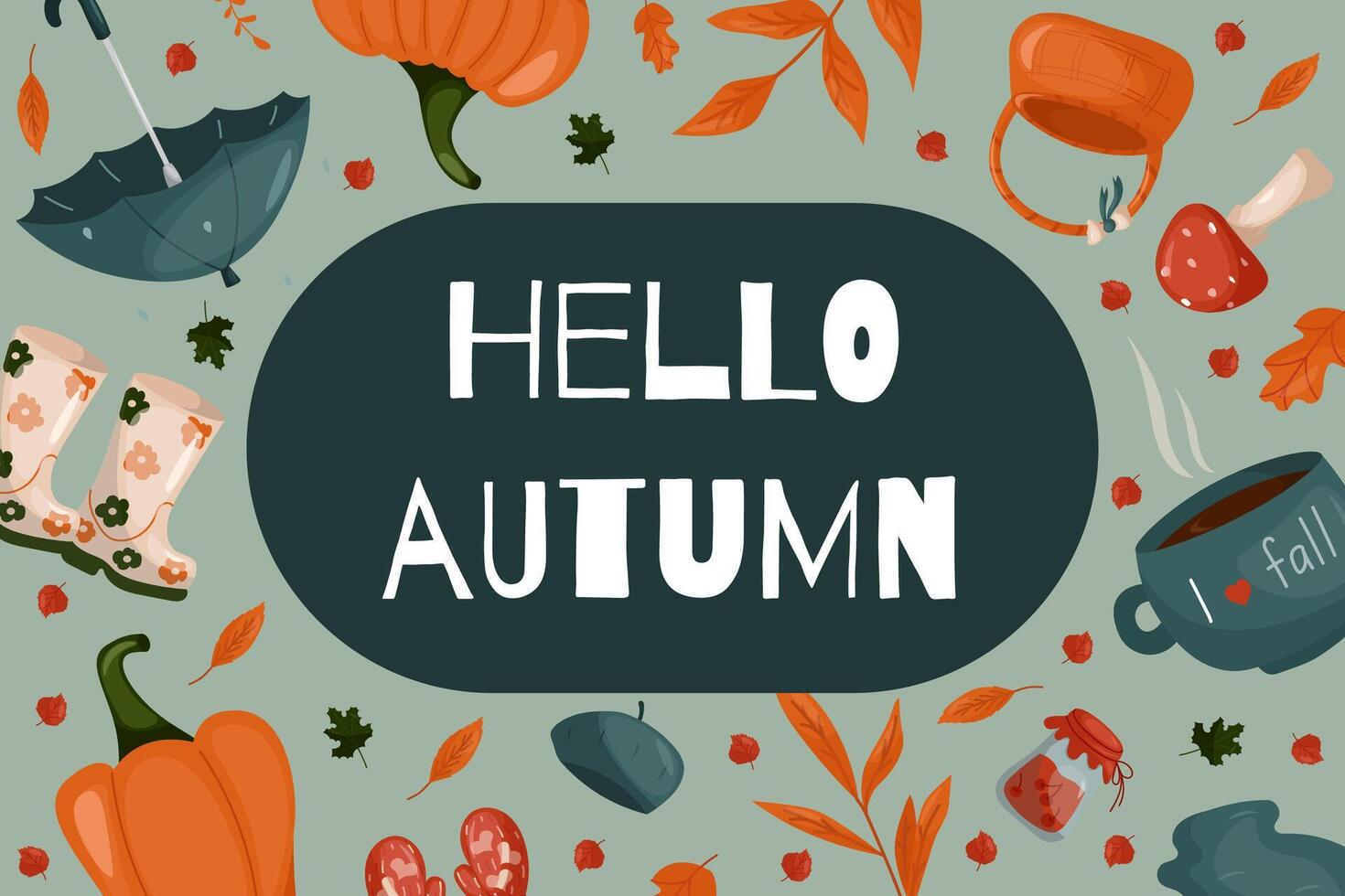 illustration with the inscription hello autumn on the background of autumn elements, boots, mushrooms, autumn clothes, pumpkins and more. Illustration for postcards, banners, and more vector