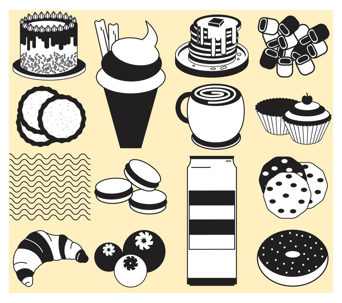 A black and white set of food items vector