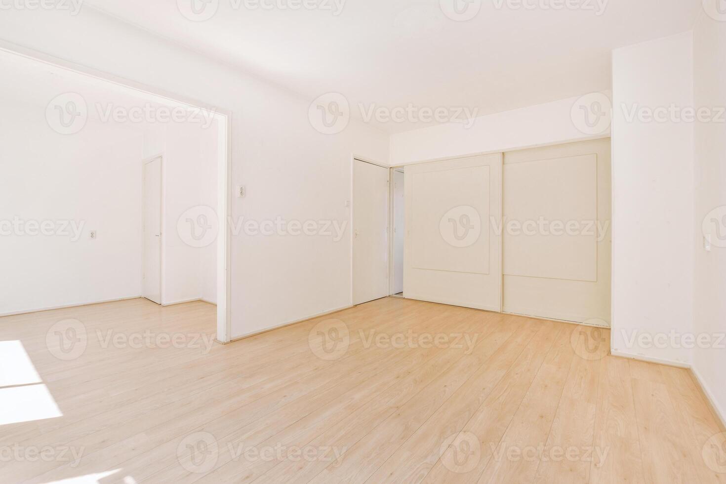 Empty room with wooden flooring and white walls photo