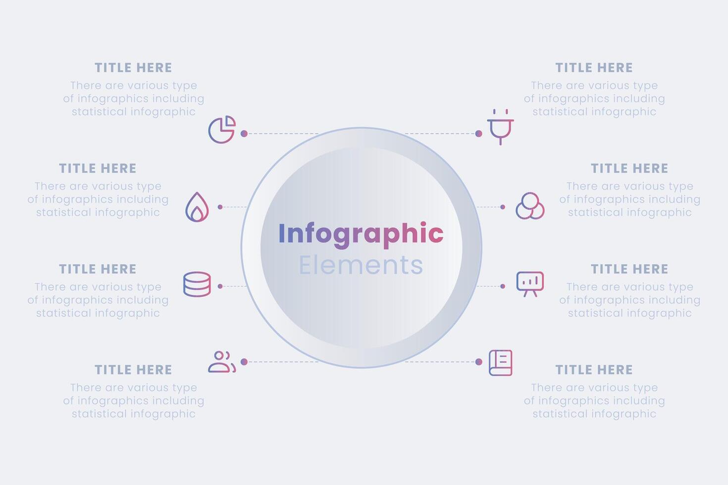 Modern neumorphic infographic design template. Ring-like chart with 8 steps of manufacturing cycle. vector