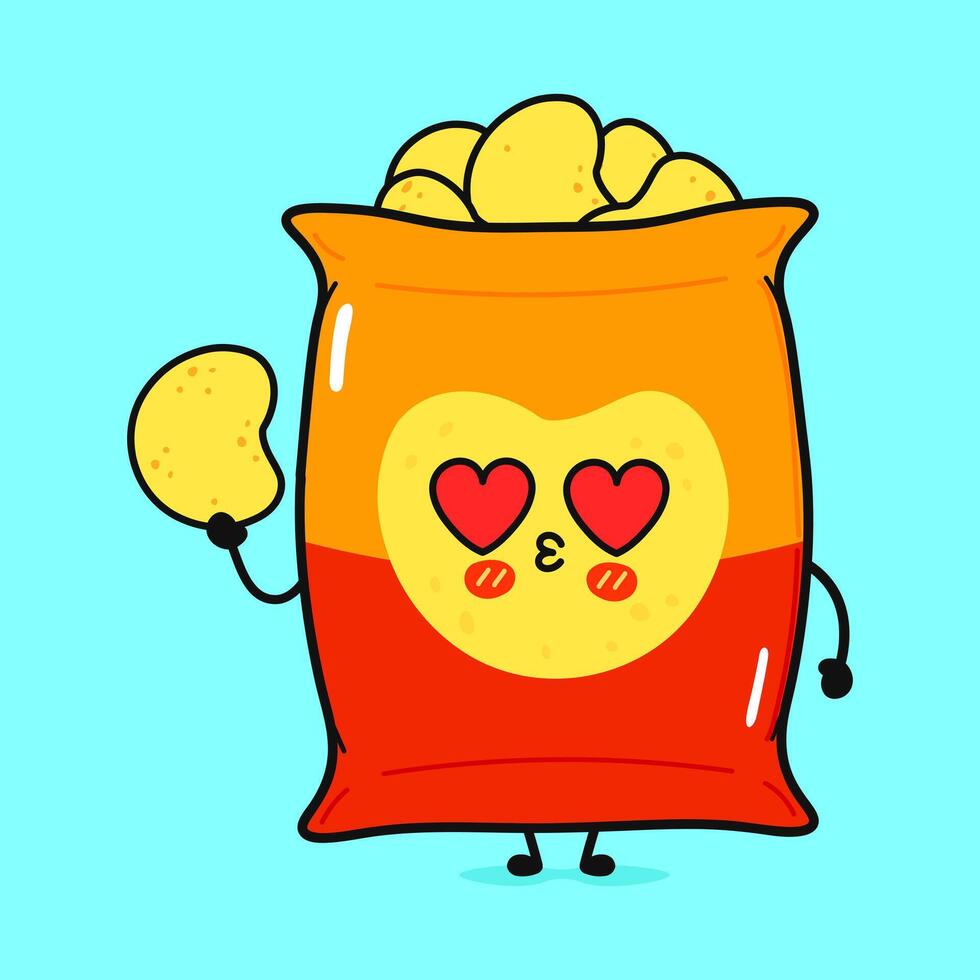 Chips in love character. hand drawn cartoon kawaii character illustration icon. Isolated on blue background. Chips character concept vector