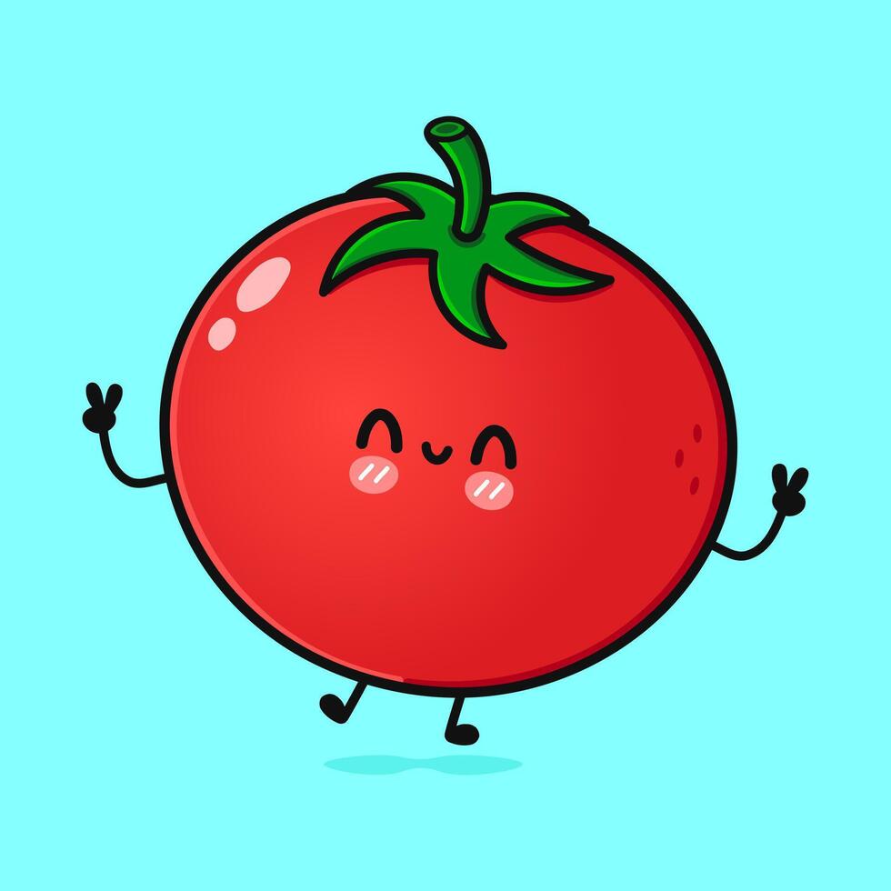 Jumping Tomato. hand drawn cartoon kawaii character illustration icon. Isolated on blue background. Tomato character concept vector