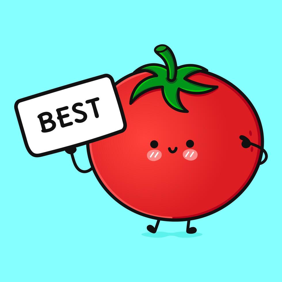 Cute Tomato with poster best. hand drawn cartoon kawaii character illustration icon. Isolated on blue background. Tomato think concept vector