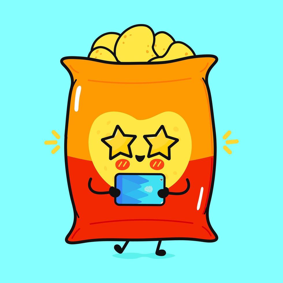 Chips with smartphone character. hand drawn cartoon kawaii character illustration icon. Isolated on blue background. Chips character concept vector