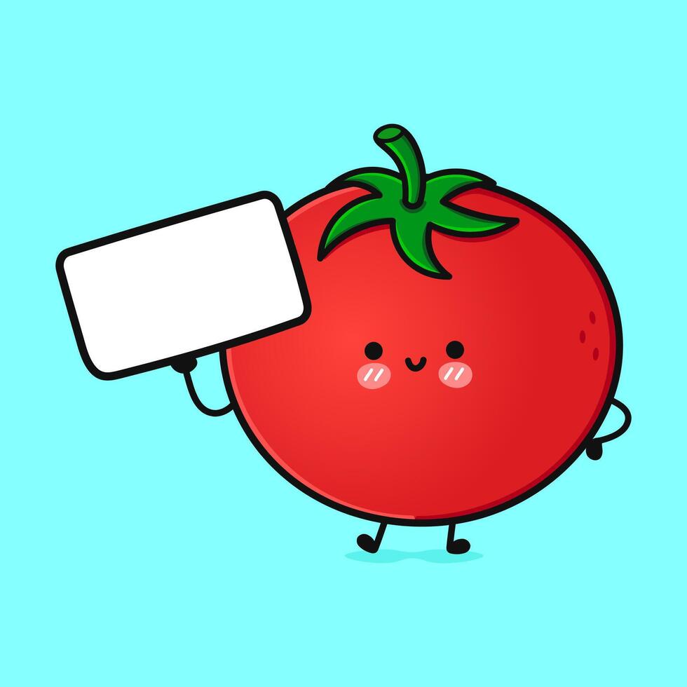 Cute funny Tomato with poster. hand drawn cartoon kawaii character illustration icon. Isolated on blue background. Tomato think concept vector