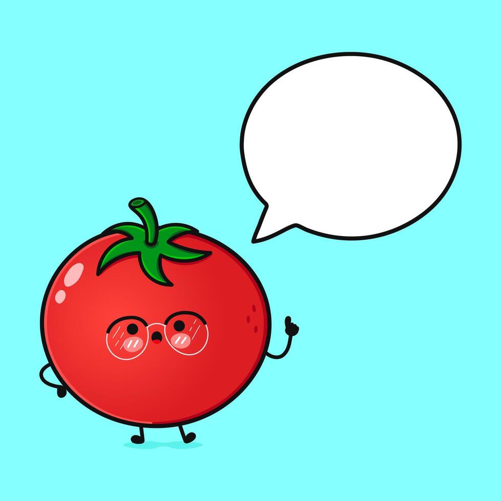 Tomato with speech bubble. hand drawn cartoon kawaii character illustration icon. Isolated on blue background. Tomato character concept vector