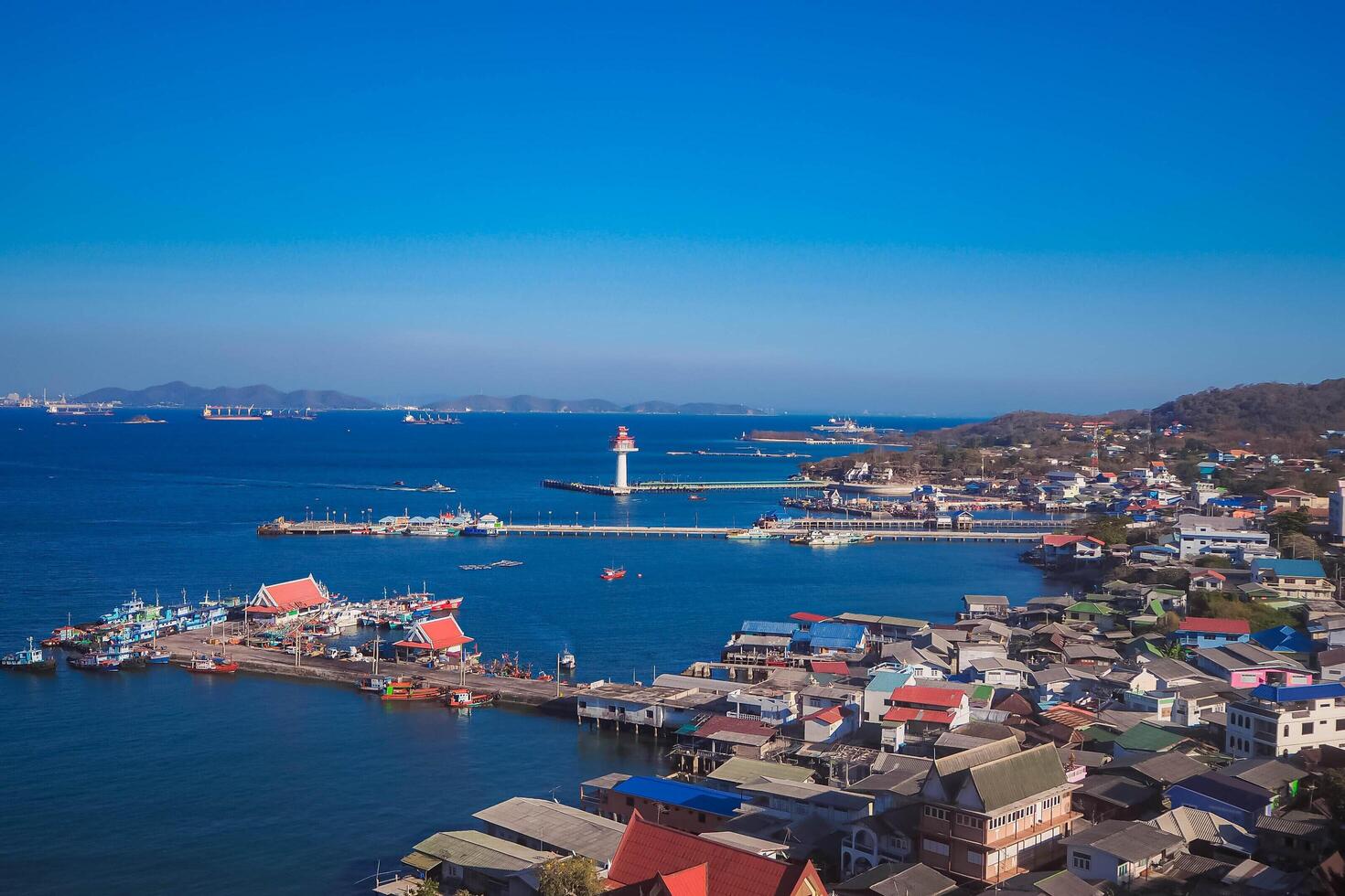 Bird eyes view of the port in island. photo