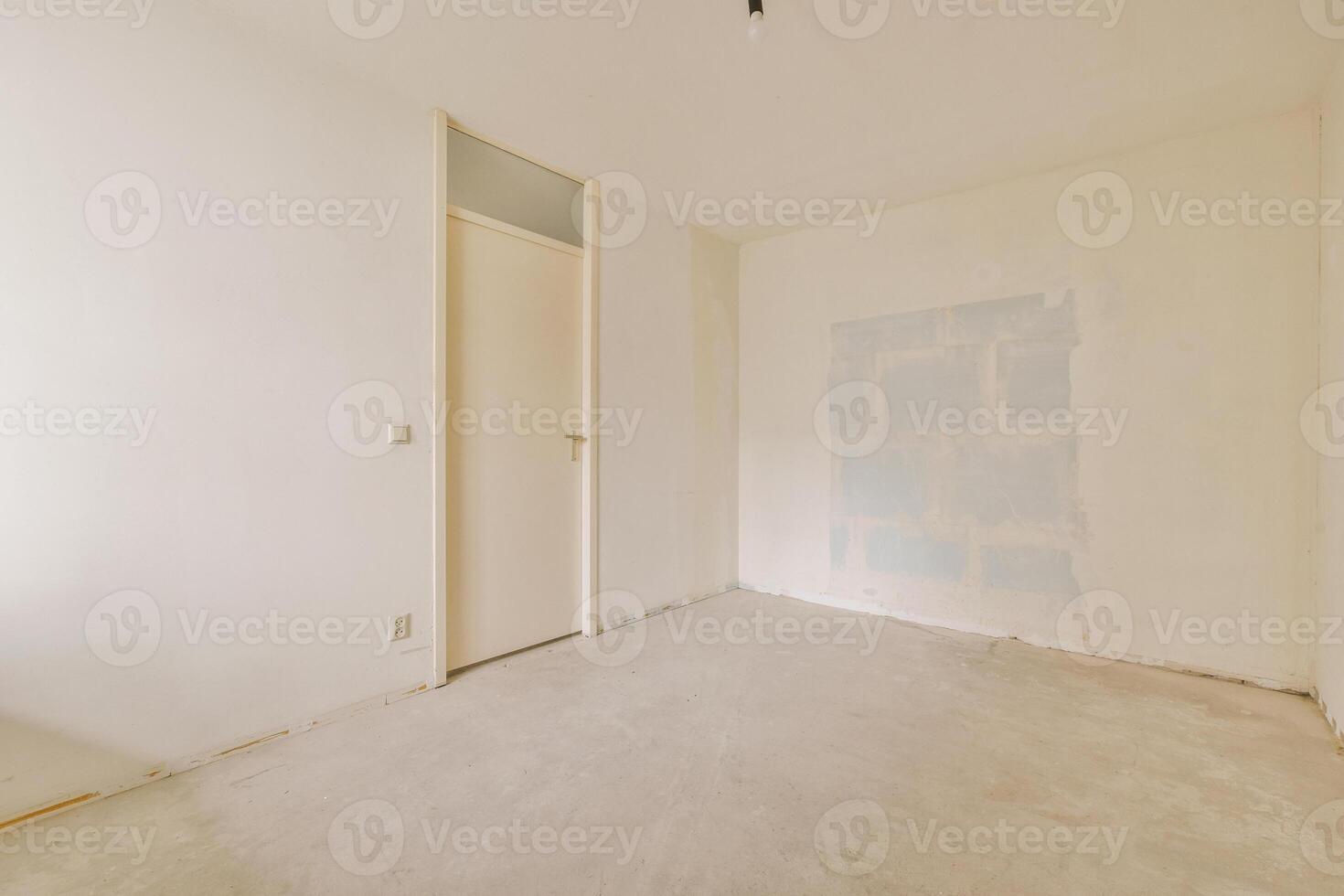 An empty room with a door and a wall photo