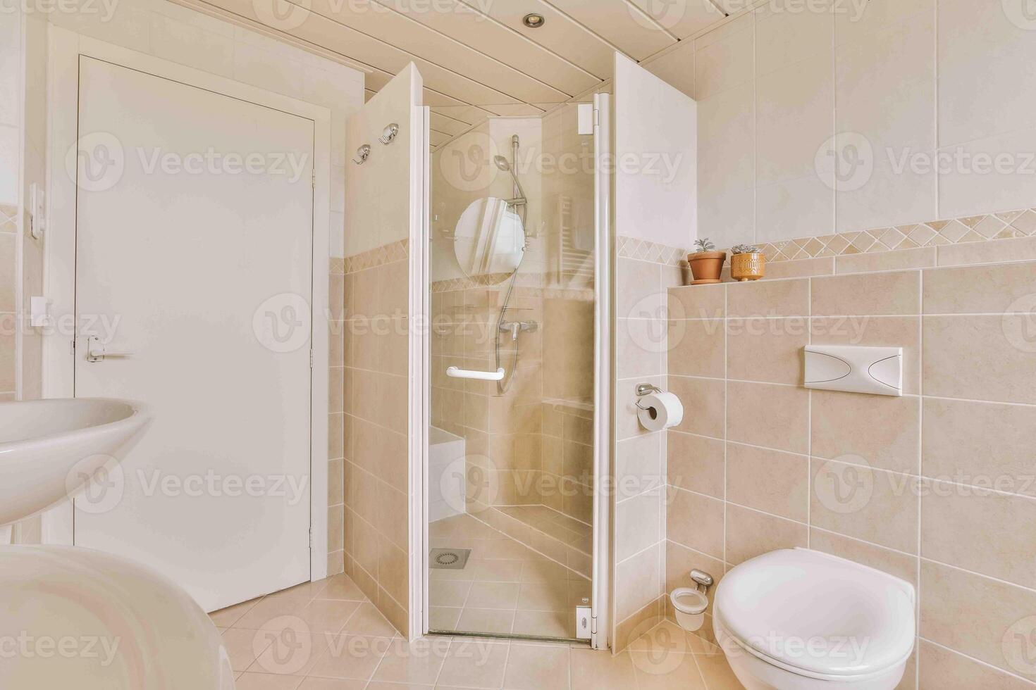 A bathroom with a toilet, sink and shower photo