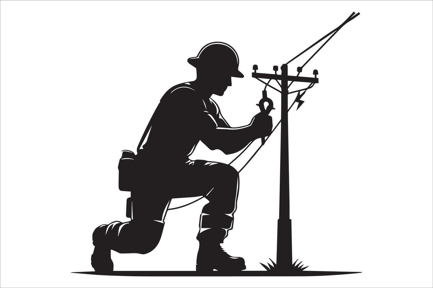 Electrician working on power pole silhouette vector