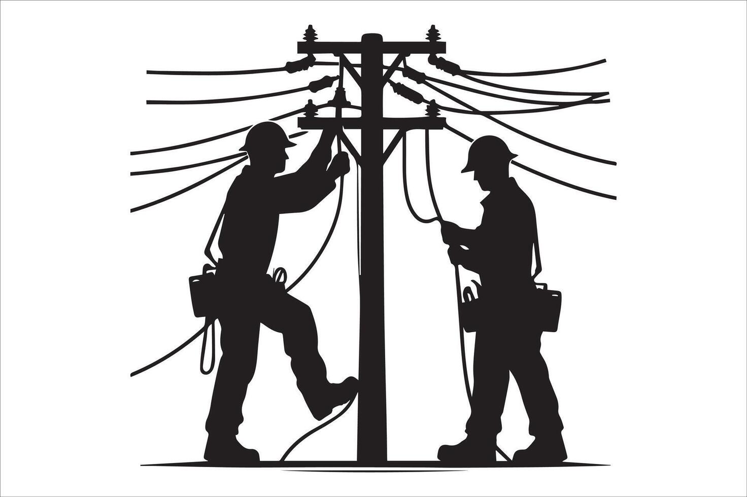 Electrician and electrician working on a power pole vector