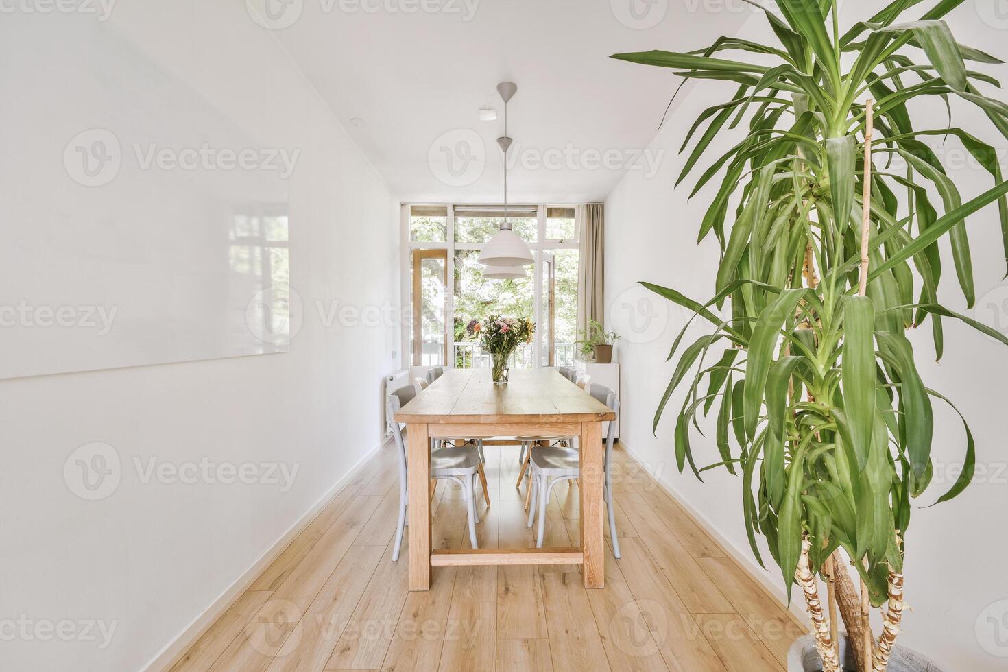 A long table with chairs and a plant in the middle photo
