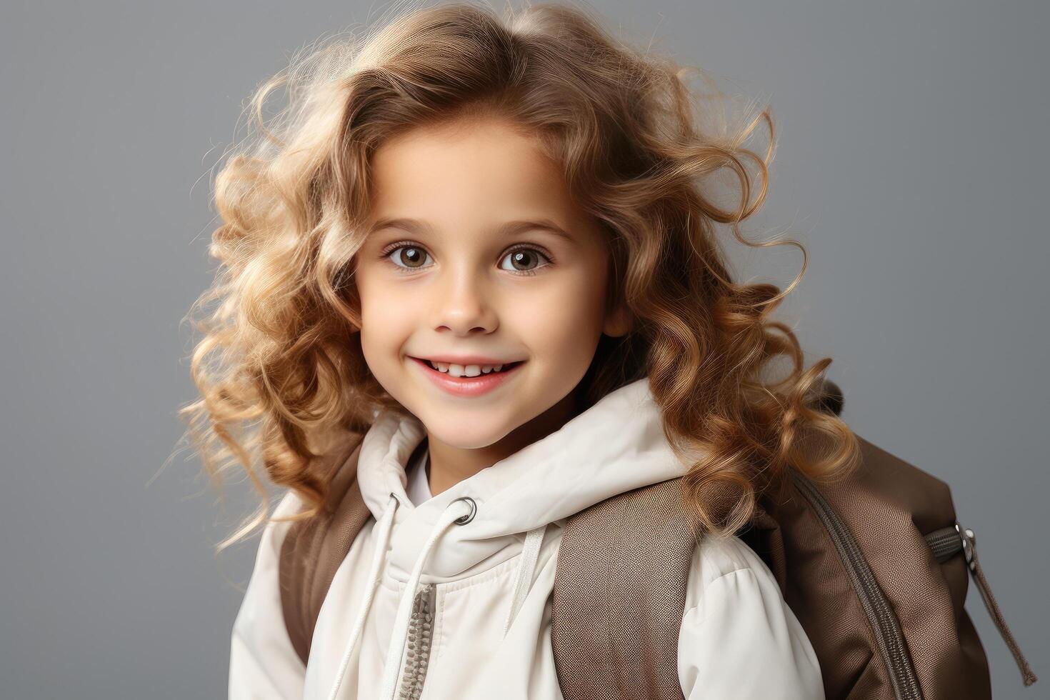 Little Girl With Curly Hair Wearing a Backpack photo