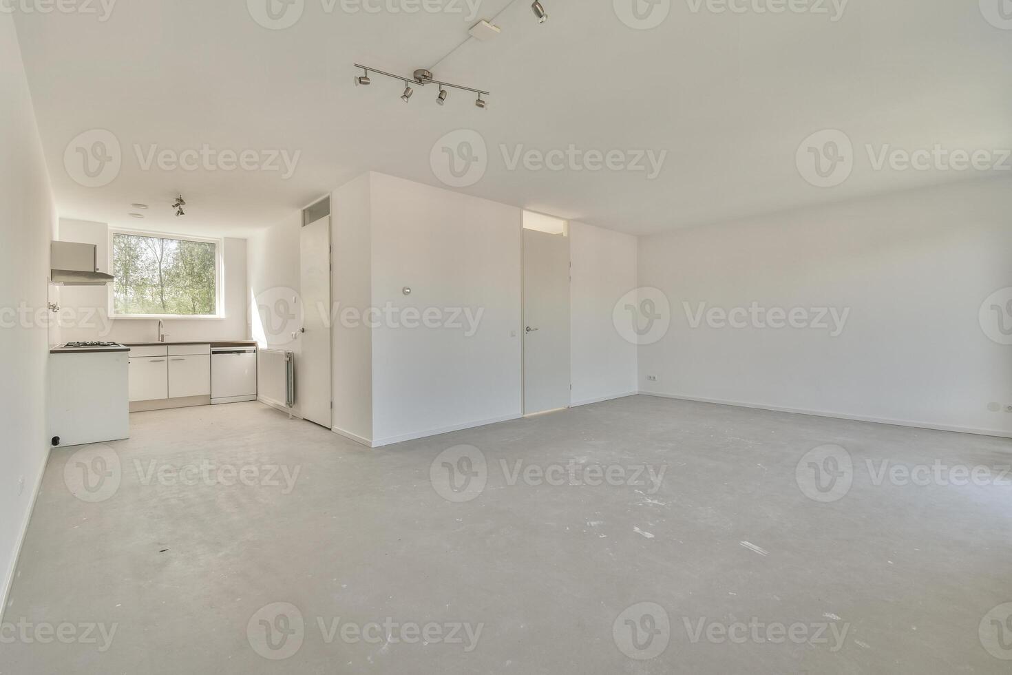 An empty room with white walls and a kitchen photo