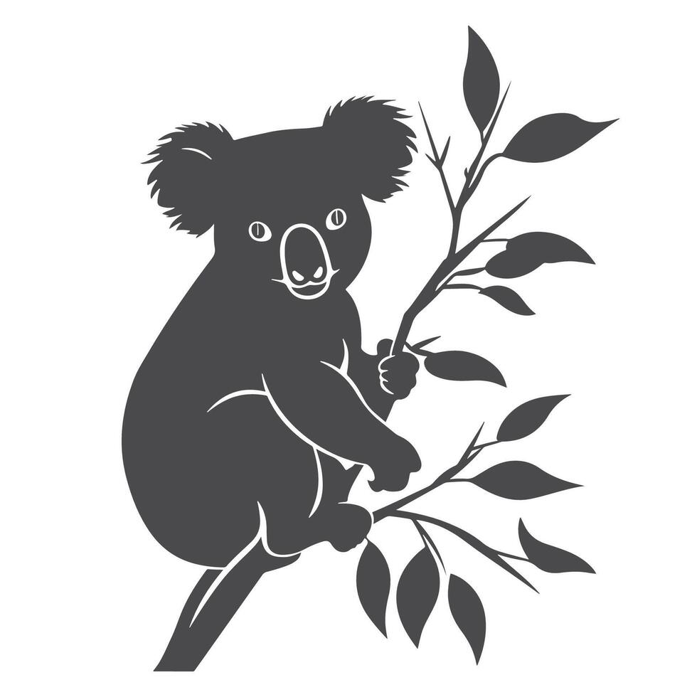 A black and white illustration of a koala sitting on a tree branch vector