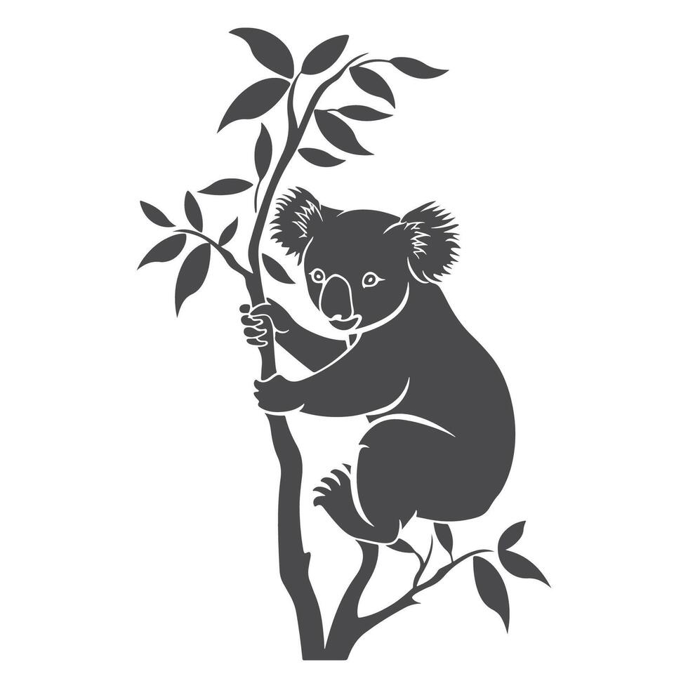 A black and white silhouette of a koala on a tree vector