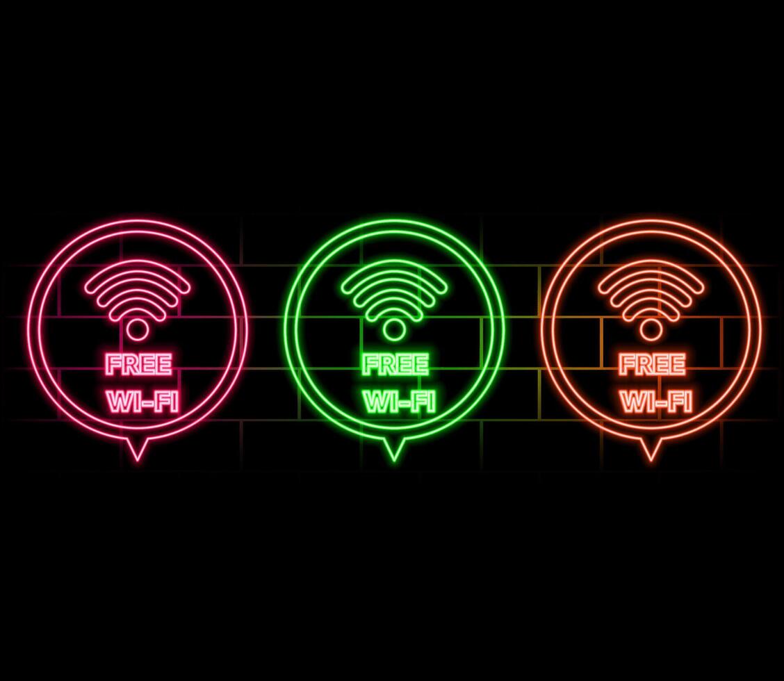 Free Wifi neon signboard on brick wall. Colorful internet badge for cafe and bar. Circle badge with ribbon. Outer glowing effect poster on brick wall. Editable stroke. stock illustration vector