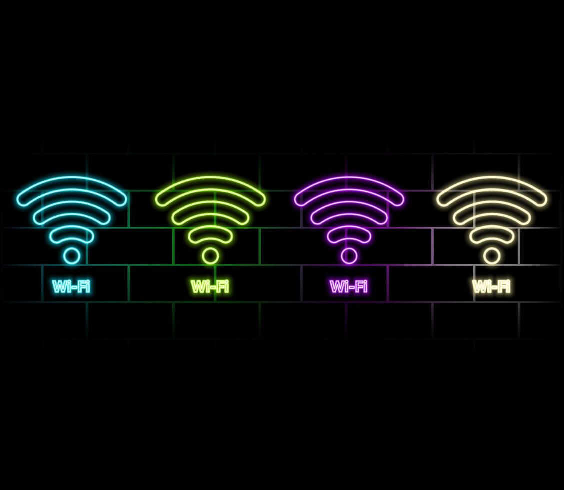 Neon glowing sign with free wifi network access on black background. Computer graphics of electric luminous billboard, banner from purple yellow neon tubes. Neon signboard of zone hotspot internet. vector
